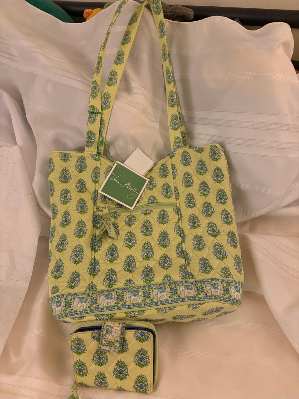 Vera Bradley Lime Green Floral Canvas Tote with Matching Wallet